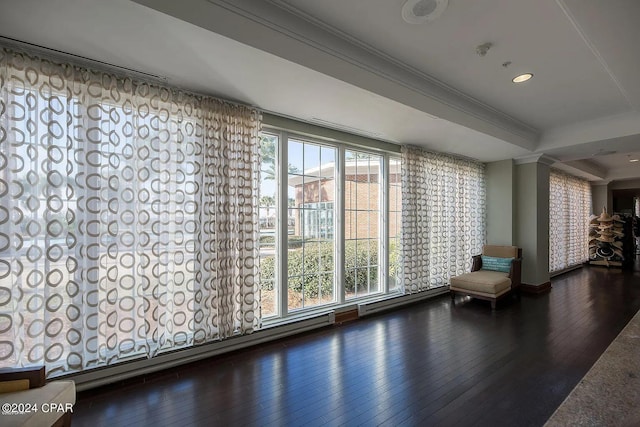 unfurnished room with dark wood-type flooring, a tray ceiling, and crown molding