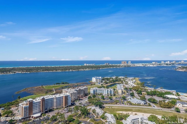 aerial view featuring a view of city and a water view