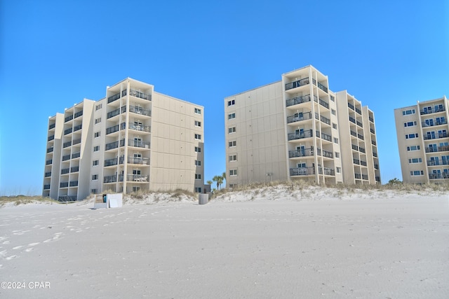 view of snow covered building