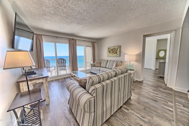 living room featuring a textured ceiling and hardwood / wood-style flooring