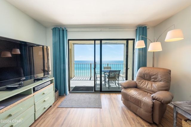 sitting room featuring a water view and light wood-type flooring