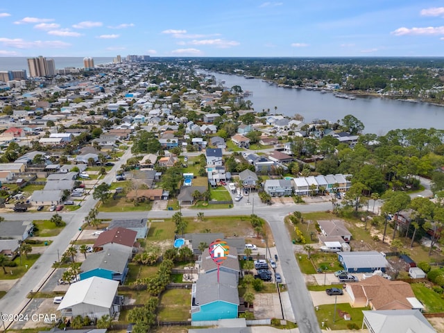 drone / aerial view featuring a water view