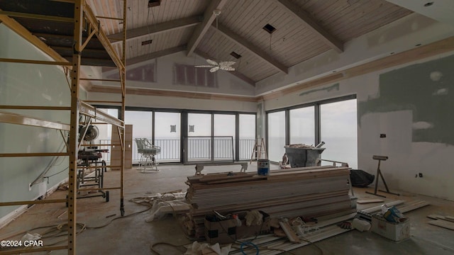 miscellaneous room with wood ceiling, high vaulted ceiling, ceiling fan, and beam ceiling