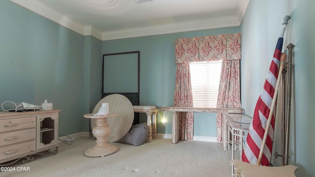 recreation room with ornamental molding and carpet flooring