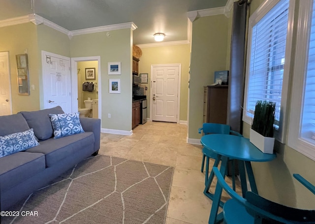 living room featuring crown molding and light tile patterned floors