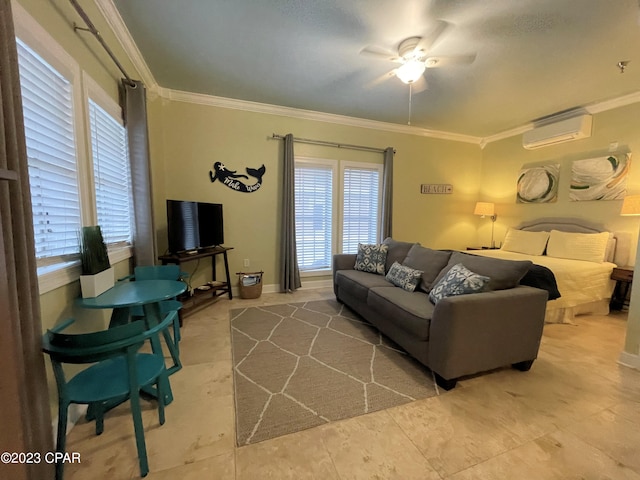 living room with tile patterned flooring, plenty of natural light, a wall unit AC, and ceiling fan