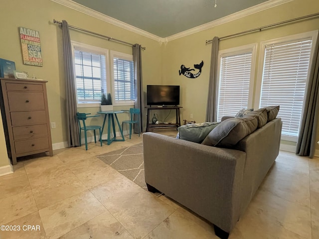 misc room featuring ornamental molding and light tile patterned floors