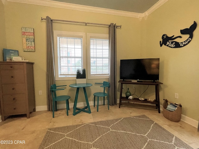 tiled bedroom featuring a wall unit AC and crown molding