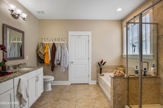 full bathroom featuring vanity, shower with separate bathtub, tile floors, and toilet