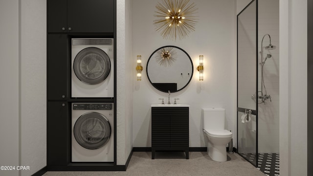 clothes washing area with sink and stacked washer and dryer