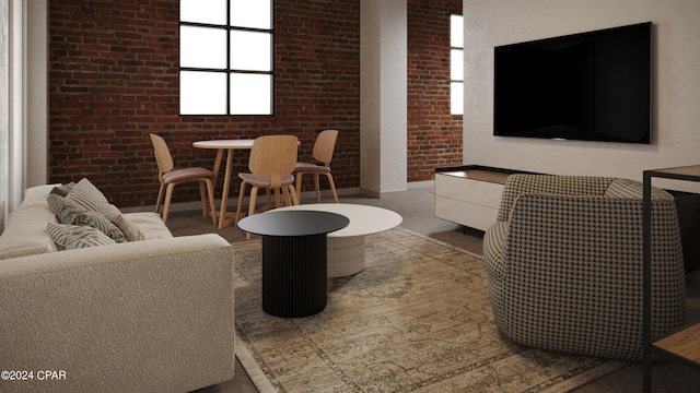 living room with carpet floors and brick wall