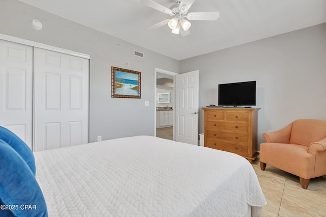 bedroom with a closet, visible vents, and a ceiling fan