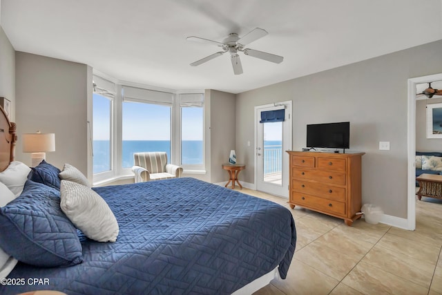 bedroom featuring access to outside, light tile patterned flooring, baseboards, and ceiling fan