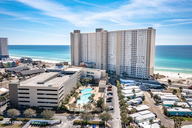 bird's eye view with a view of city, a beach view, and a water view