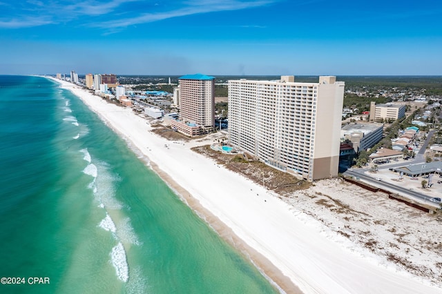 aerial view with a view of city, a beach view, and a water view