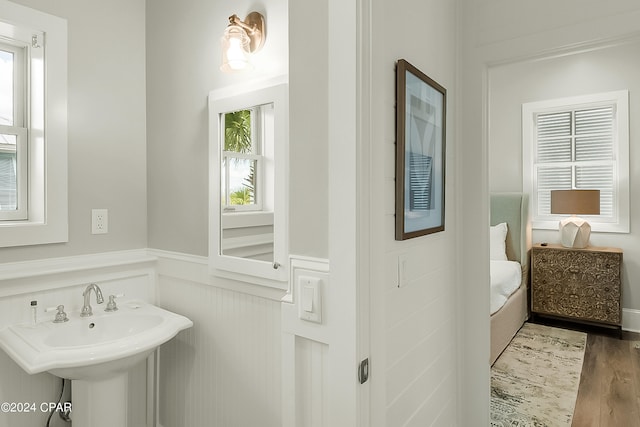 bathroom with plenty of natural light and hardwood / wood-style floors