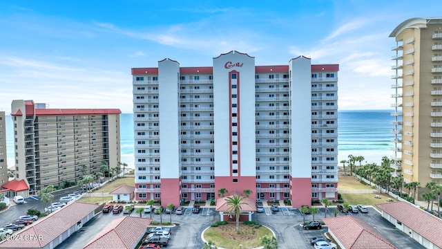 view of building exterior featuring a water view