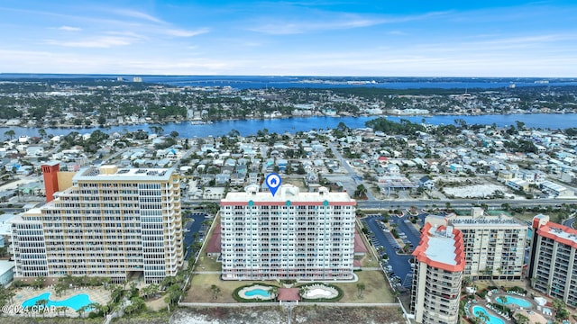 drone / aerial view featuring a water view