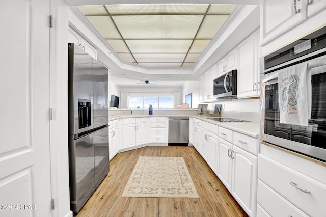 kitchen featuring white cabinets, light hardwood / wood-style flooring, stainless steel appliances, and a tray ceiling