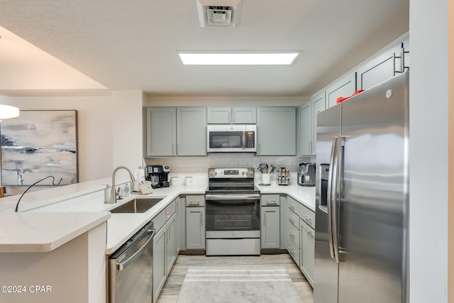 kitchen with light wood-type flooring, appliances with stainless steel finishes, sink, kitchen peninsula, and tasteful backsplash