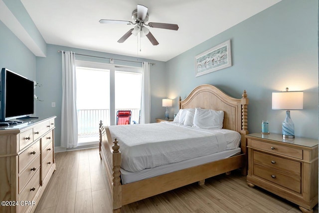 bedroom with ceiling fan, light hardwood / wood-style floors, and access to outside