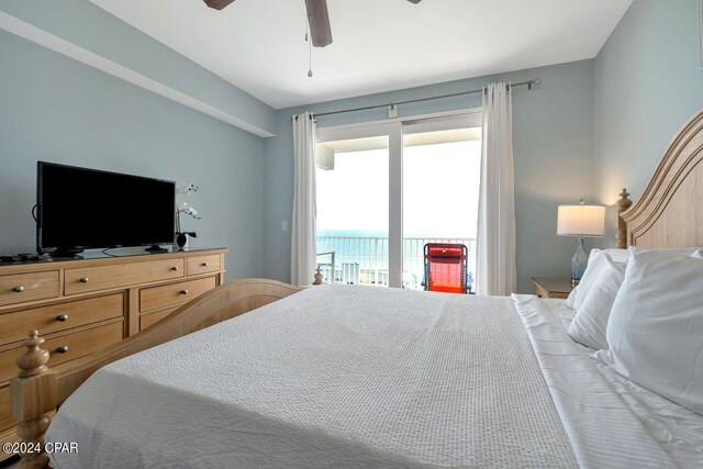 bedroom with ceiling fan, access to outside, and light hardwood / wood-style flooring