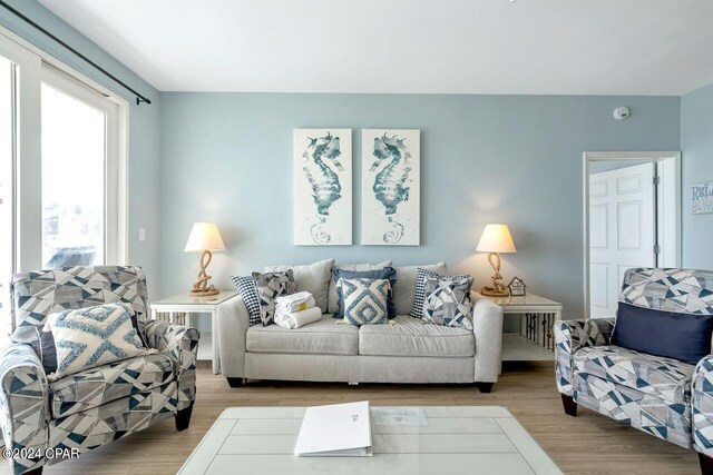 living room featuring ceiling fan and light hardwood / wood-style flooring