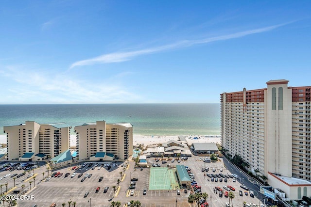 drone / aerial view with a water view and a view of the beach