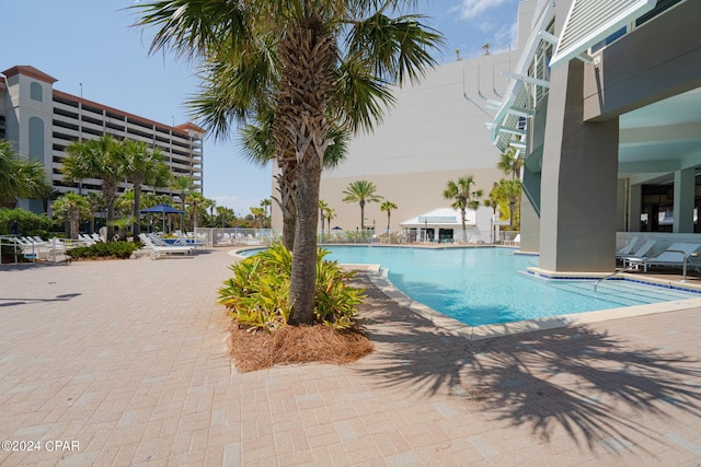 view of swimming pool with a patio area