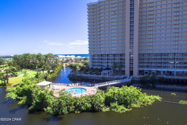 aerial view featuring a water view