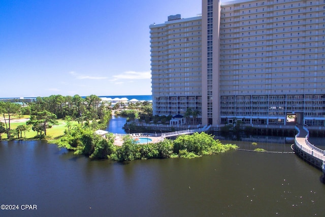 drone / aerial view featuring a water view