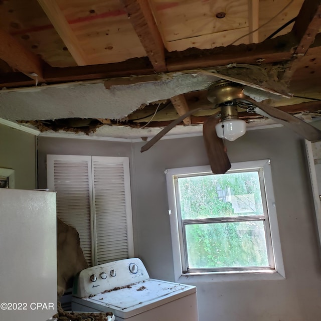 laundry room featuring washer / clothes dryer, wood ceiling, and ceiling fan