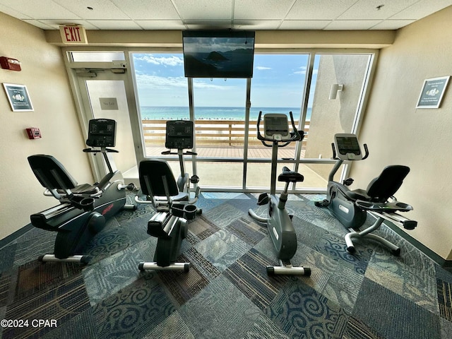 workout area with a paneled ceiling, plenty of natural light, carpet, and a water view