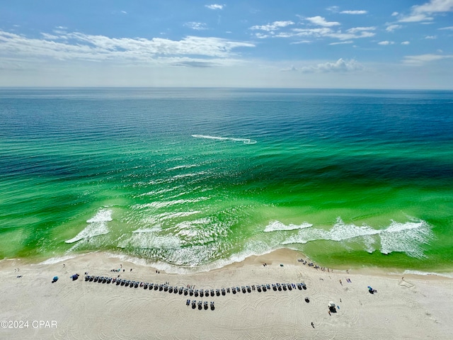 bird's eye view with a water view