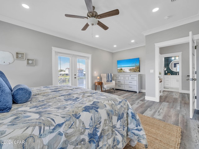 bedroom with ceiling fan, light hardwood / wood-style floors, access to exterior, and ornamental molding