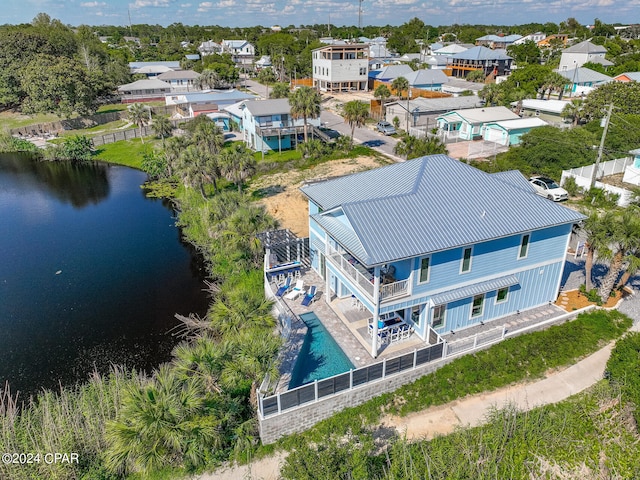 aerial view featuring a water view