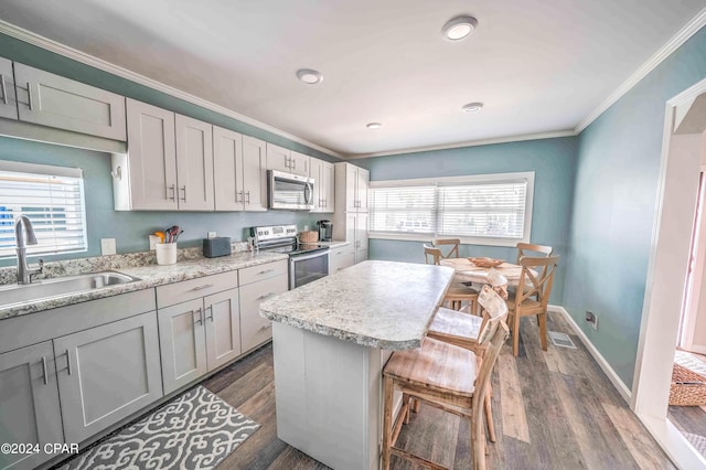 kitchen with appliances with stainless steel finishes, plenty of natural light, and dark hardwood / wood-style flooring