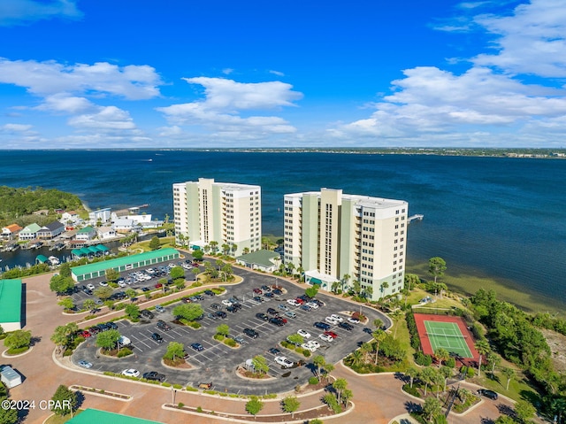 drone / aerial view with a water view