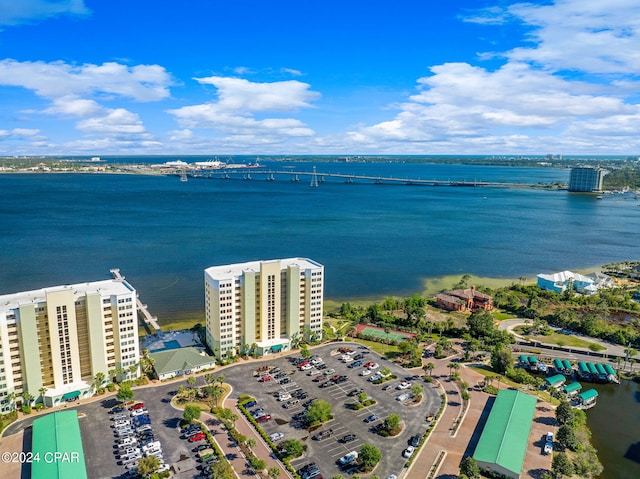 birds eye view of property featuring a water view