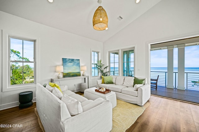 living room with a healthy amount of sunlight, a water view, wood-type flooring, and high vaulted ceiling