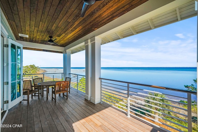 wooden deck featuring ceiling fan and a water view