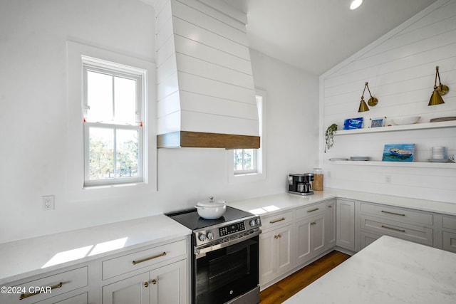 kitchen featuring electric stove, light stone counters, plenty of natural light, and vaulted ceiling