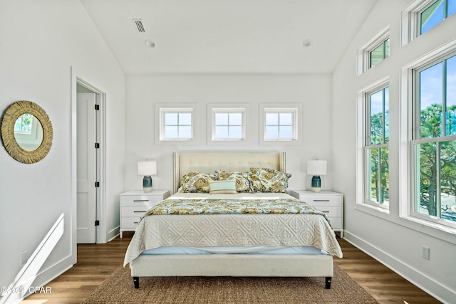 bedroom with dark hardwood / wood-style flooring and vaulted ceiling