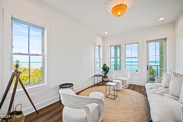 living area with a wealth of natural light, a water view, and dark wood-type flooring