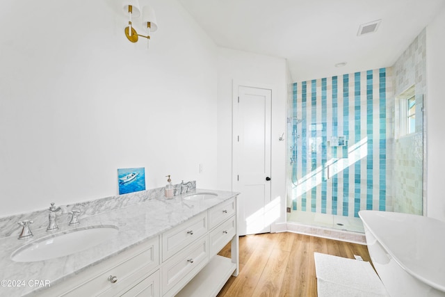 bathroom with plus walk in shower, vanity, and hardwood / wood-style flooring