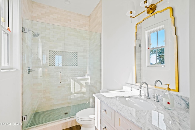 bathroom featuring vanity, toilet, and an enclosed shower