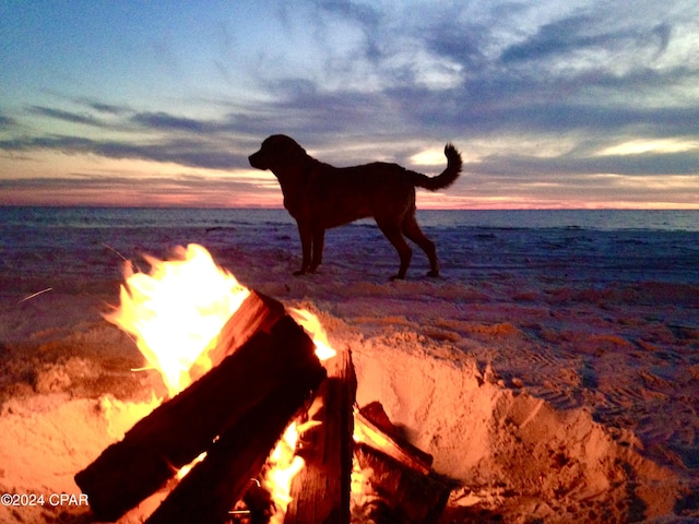 water view with a fire pit