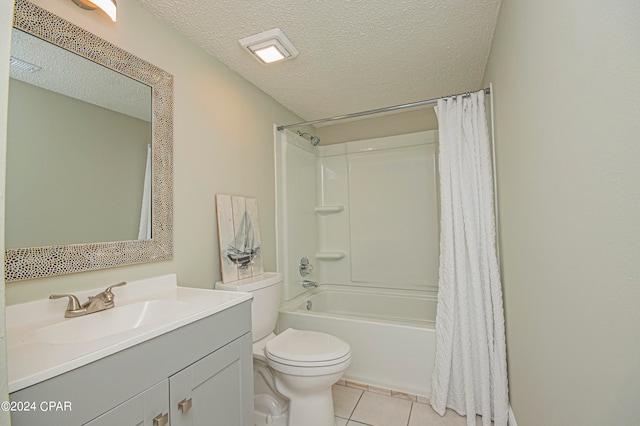 full bathroom with toilet, vanity with extensive cabinet space, tile flooring, a textured ceiling, and shower / bathtub combination with curtain