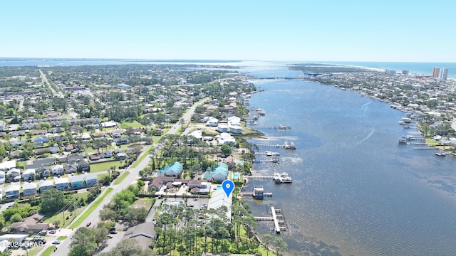 drone / aerial view featuring a water view