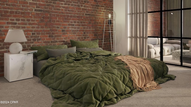 bedroom with brick wall and carpet flooring